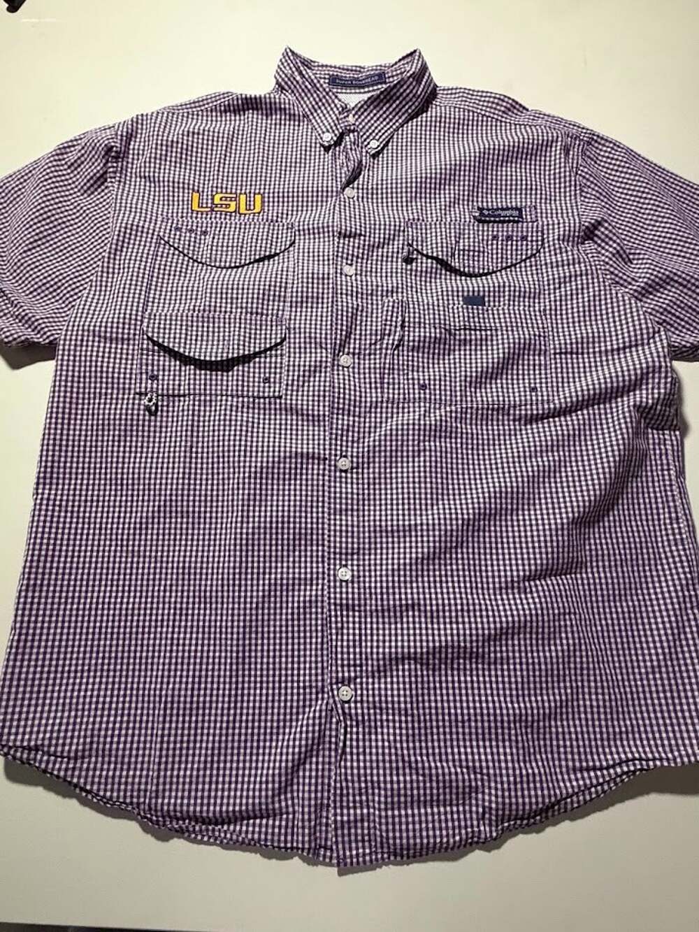 LSU Columbia PFG purple stripped fishing shirt